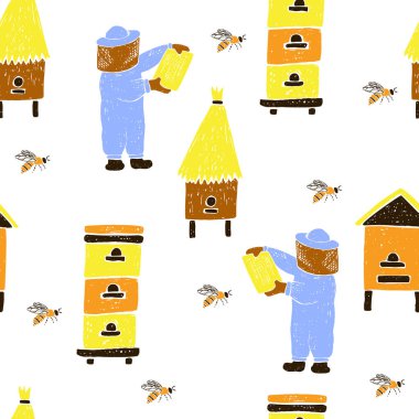 Arılar, arı kovanları, arıyetiştiricileri ile dikişsiz desen. 