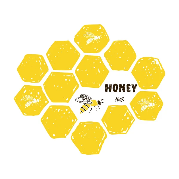 Lettrage, nid d'abeille, abeille. Étiquette miel . — Image vectorielle