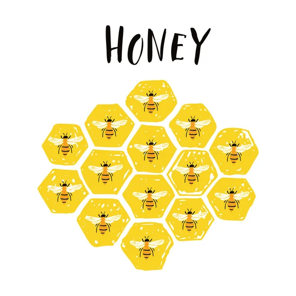 字母，蜂巢，蜜蜂。蜂蜜标签. — 图库矢量图片