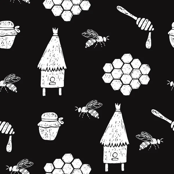 Patrón sin costuras con panal, abejas, colmena, tarro, cuchara . — Archivo Imágenes Vectoriales