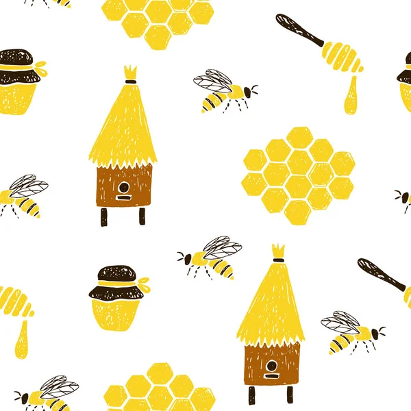 Modèle sans couture avec nid d'abeilles, abeilles, ruche, pot, cuillère . — Image vectorielle