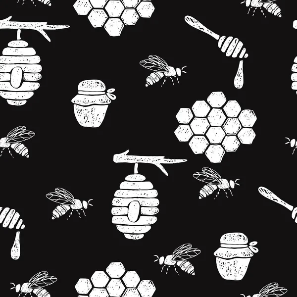 Padrão sem costura com favo de mel, abelhas, colmeia, jarra, colher . —  Vetores de Stock
