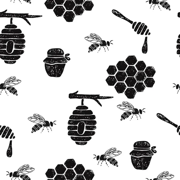 ハニカム、ミツバチ、ミツバチ、瓶、スプーンとシームレスなパターン. — ストックベクタ