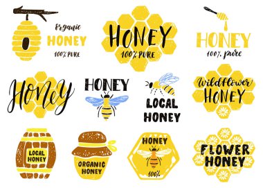 Bal etiketleri, rozetler ve tasarım elementleri. 