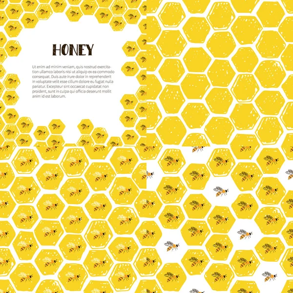 Conjunto de padrões sem emenda e moldura. Pente de mel e abelhas . —  Vetores de Stock