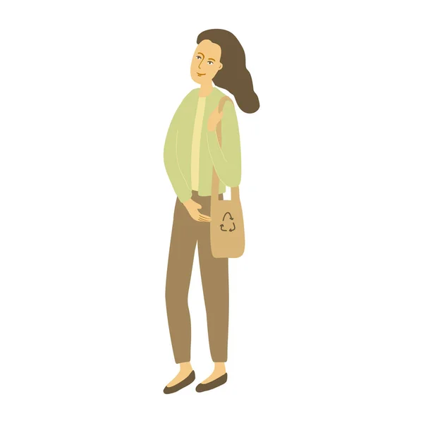 Mujer con una bolsa de tela . — Vector de stock