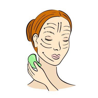 Gua Sha yüz masajı. Kazıyıcılı kadın.