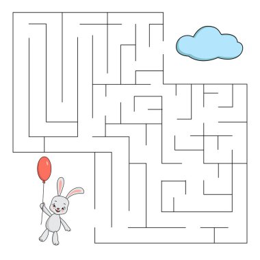 Tavşanlı labirent, balon. Eğitici çocuklar oyunu. Vektör illüstrasyonu.