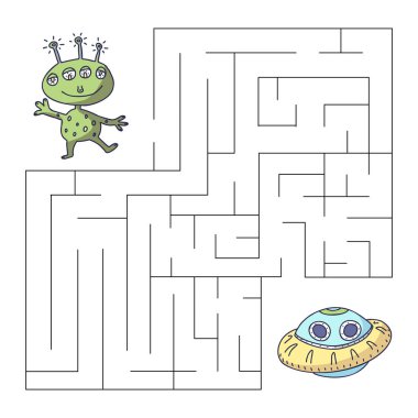 Uzaylılarla labirent, uzay gemisi. Eğitici çocuklar oyunu. Vektör illüstrasyonu.