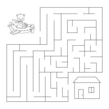 Uçakla, ayıyla, evle labirent. Eğitici çocuklar oyunu. Vektör illüstrasyonu.