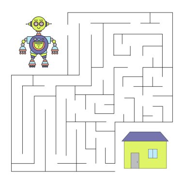 Robotla labirent. Eğitici çocuklar oyunu. Vektör illüstrasyonu.
