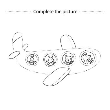 Resmi tamamla. Uçaktaki hayvanlar gibi. Boyama sayfası. Çocukların eğitici oyunu. 