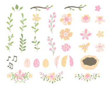 Çiçekler, buketler, dallar, yapraklar, tüyler, yumurtalar, yuva. Vektör illüstrasyonu.