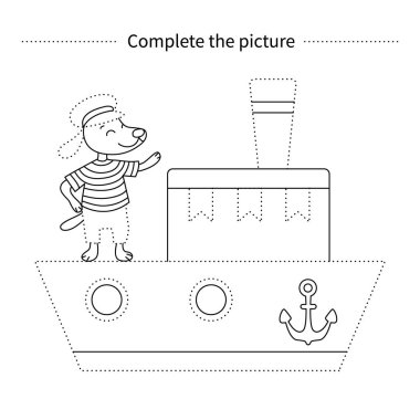 Resmi tamamla. Gemideki köpek. Boyama sayfası. Çocukların eğitici oyunu. 