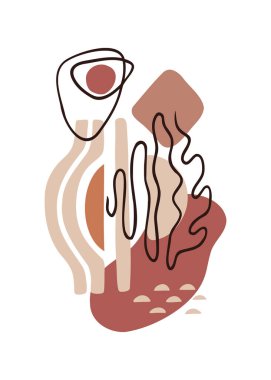 Duvar dekorasyonu, posterler, kartpostallar, davetiyeler, el ilanları, sosyal medya tasarımı için çağdaş modern kompozisyon. Organik soyut şekillerin ve karalama nesnelerinin modaya uygun vektör çizimi.