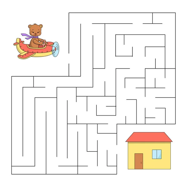 Labirinto Con Aereo Orso Casa Gioco Educativo Bambini Illustrazione Vettoriale — Vettoriale Stock
