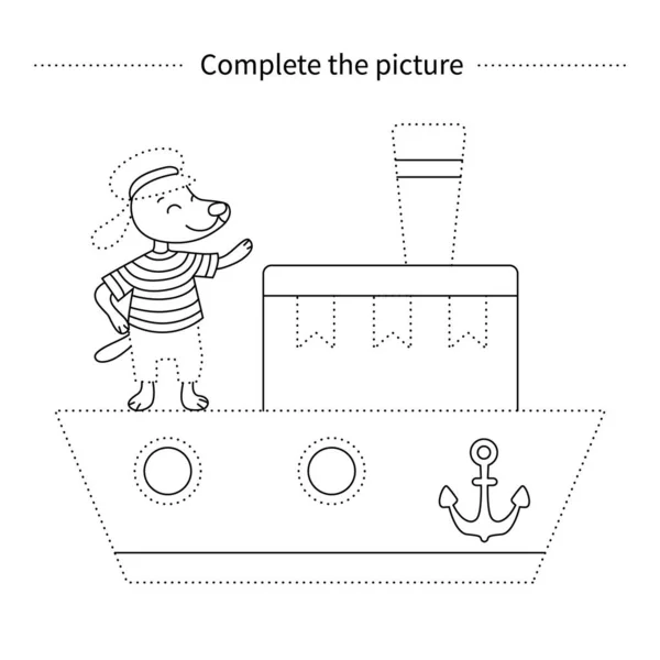 Ολοκλήρωσε Την Εικόνα Σκύλος Στο Πλοίο Χρωματισμός Σελίδας Παιδαγωγικό Παιχνίδι — Διανυσματικό Αρχείο