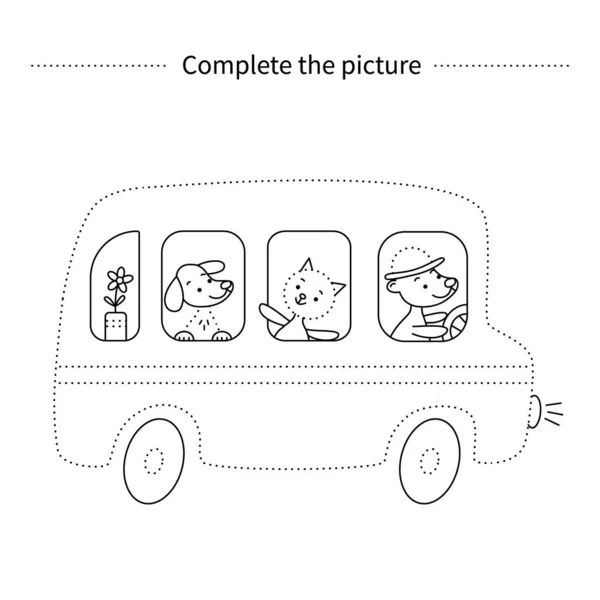 Ολοκλήρωσε Την Εικόνα Ζώα Στο Λεωφορείο Χρωματισμός Σελίδας Παιδαγωγικό Παιχνίδι — Διανυσματικό Αρχείο