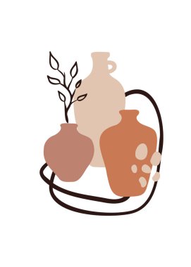 Duvar dekorasyonu, posterler, kartpostallar, davetiyeler, el ilanları, sosyal medya tasarımı için çağdaş modern kompozisyon. Çömlek. Organik soyut şekillerin ve karalama nesnelerinin modaya uygun vektör çizimi.