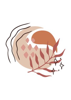 Duvar dekorasyonu, posterler, kartpostallar, davetiyeler, el ilanları, sosyal medya tasarımı için çağdaş modern kompozisyon. Yaprak, organik soyut şekiller ve karalama nesnelerinin modaya uygun vektör çizimi.