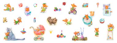 Suluboya tilki ekstra büyük set. El yapımı bebek fox, arkadaşları, oyuncaklar, Eylemler ve duygular