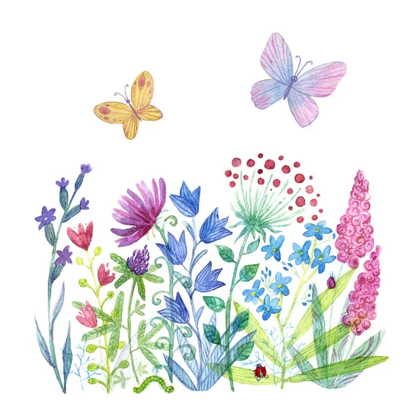 Spring Flowers Butterflies Beautiful Hand Painted Colorful Botanical Watercolor Rich — Stock Photo, Image