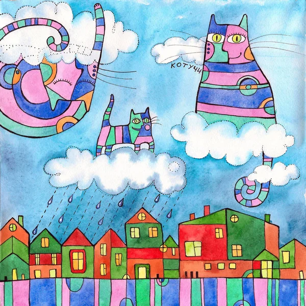 Cat towns: Moon eye. The giant multicolored cat above the cute little colorful town.Hand-painted watercolor. Stained-glass style.