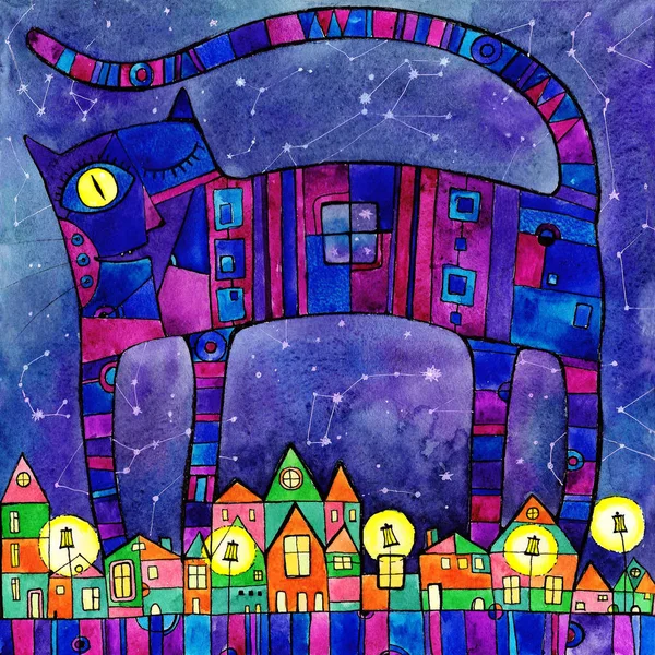 Cat towns: Moon eye. The giant multicolored cat above the cute little colorful town with bright lantherns.Hand-painted watercolor. Stained-glass style.