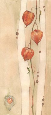 Dried flowers: physalis. Beautiful vintage botanical watercolor on a beige background. Elegant plant in nonstandard elongated format. A rich texture of strokes and fills. clipart