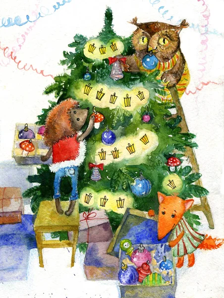 Decoração Árvore Natal Ilustração Série Sobre Raposa Ouriço Coruja Pequenos — Fotografia de Stock