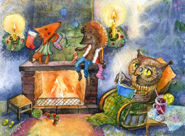 Lareira Natal Uma Ilustração Festiva Aconchegante Série Sobre Fox Hedgehog — Fotografia de Stock