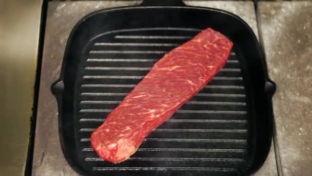 Fry Meat Frying Pan Cook Steak — Stock Video