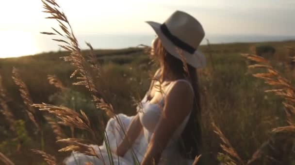 Brunette in een stro hoed zit in het veld en de zonsondergang bewondert — Stockvideo