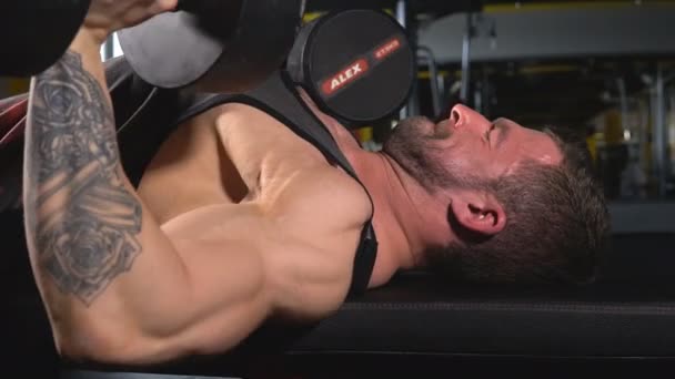 Guapo musculoso joven ejercitando bíceps en gimnasio con mancuernas — Vídeos de Stock