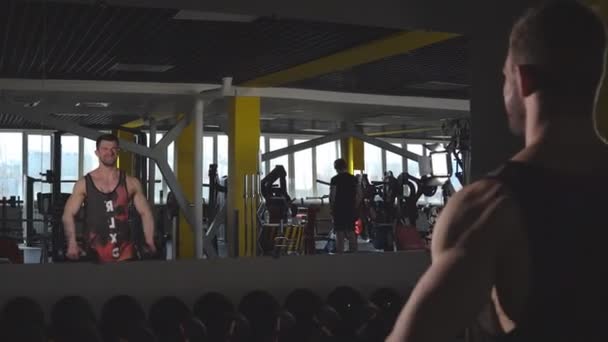 Stilig muskulös ung man tränar biceps i gymmet med hantlar — Stockvideo