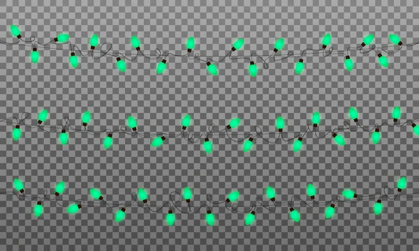 Luces de Navidad. Guirnalda de luces vector cadena para año nuevo y Navidad. Aislado verde brillante luces efecto transparente — Vector de stock