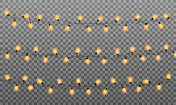 Kerstverlichting. Garland vectortekenreeks verlichting voor Nieuwjaar en kerst. Geïsoleerde gele gloeiende lichten transparant effect — Stockvector