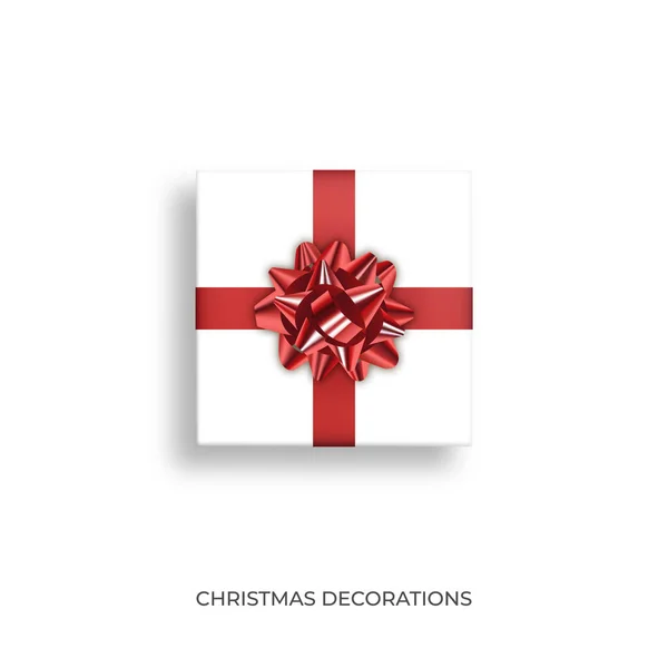 Karácsonyi ajándék. Reális jelen fém piros szalag íj. Karácsony és újév Ajándék dekoráció — Stock Vector