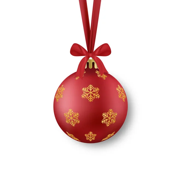 Weihnachtskugel. Realistische roten Xmas-Ball mit Goldglitter Schneeflocken Dekor — Stockvektor