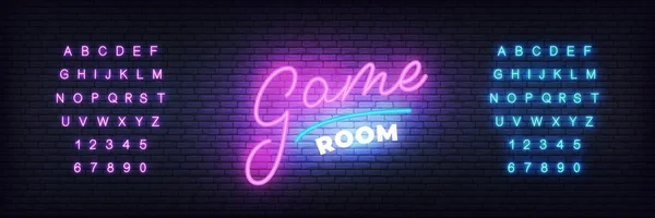 Oyun odası neon şablonu. Oyuncu kulübü için parlayan yazı Stok Vektör