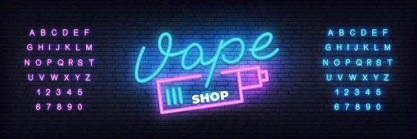 Vape 商店霓虹灯模板。发光的字母标志 Vape 商店 矢量图形