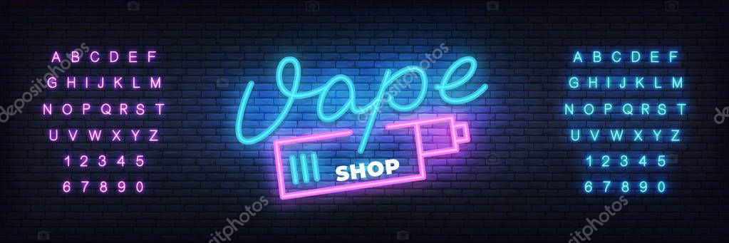 Vape shop neon template. Glowing lettering sign Vape shop.