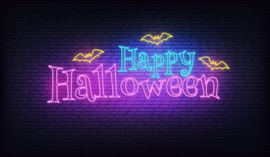 Cadılar Bayramı neon vektör işareti. Uçan yarasalar ile Parlayan Halloween neon tipografi