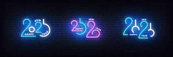 2020 Neujahr Neon-Set. Glühende 2020 Happy New Year Typografie Zeichen — Stockvektor