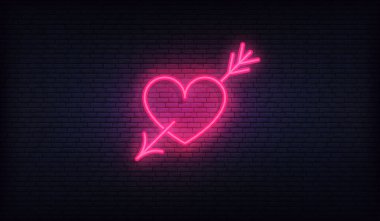 Heart with arrow neon sign. Glowing purple heart signboard design