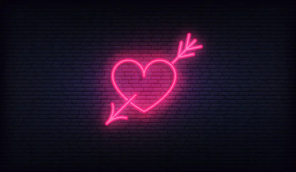Сердце со стрелочным неоновым знаком. Светящийся фиолетовый дизайн вывески сердца — стоковый вектор