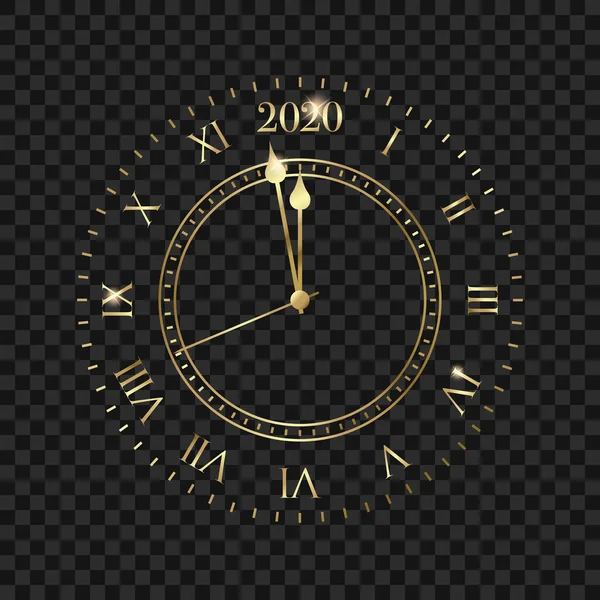 Nouvel An 2020 horloge. Horloge dorée avec compte à rebours 2020 minuit — Image vectorielle