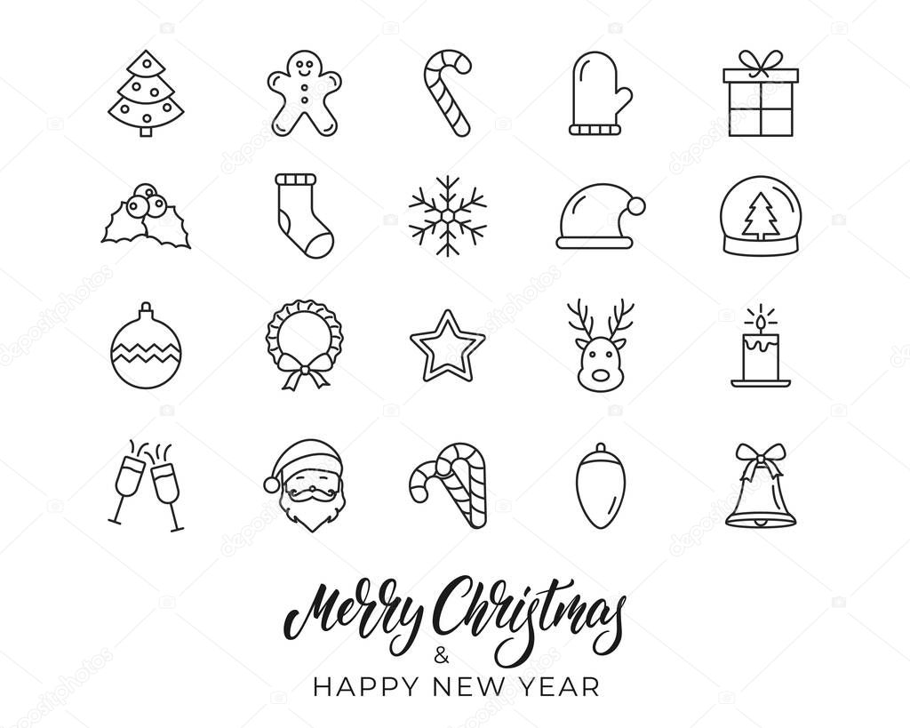 Christmas icons. Xmas and New Year outline Holiday icons set