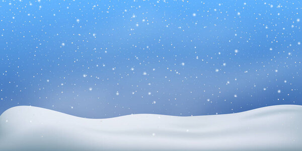 Snow winter background. Snowfall, snowflakes in different shapes. Christmas snowstorm blizzard