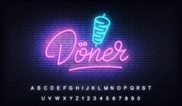 Doner neon. Świecący napis szablon znak Doner Kebab — Wektor stockowy